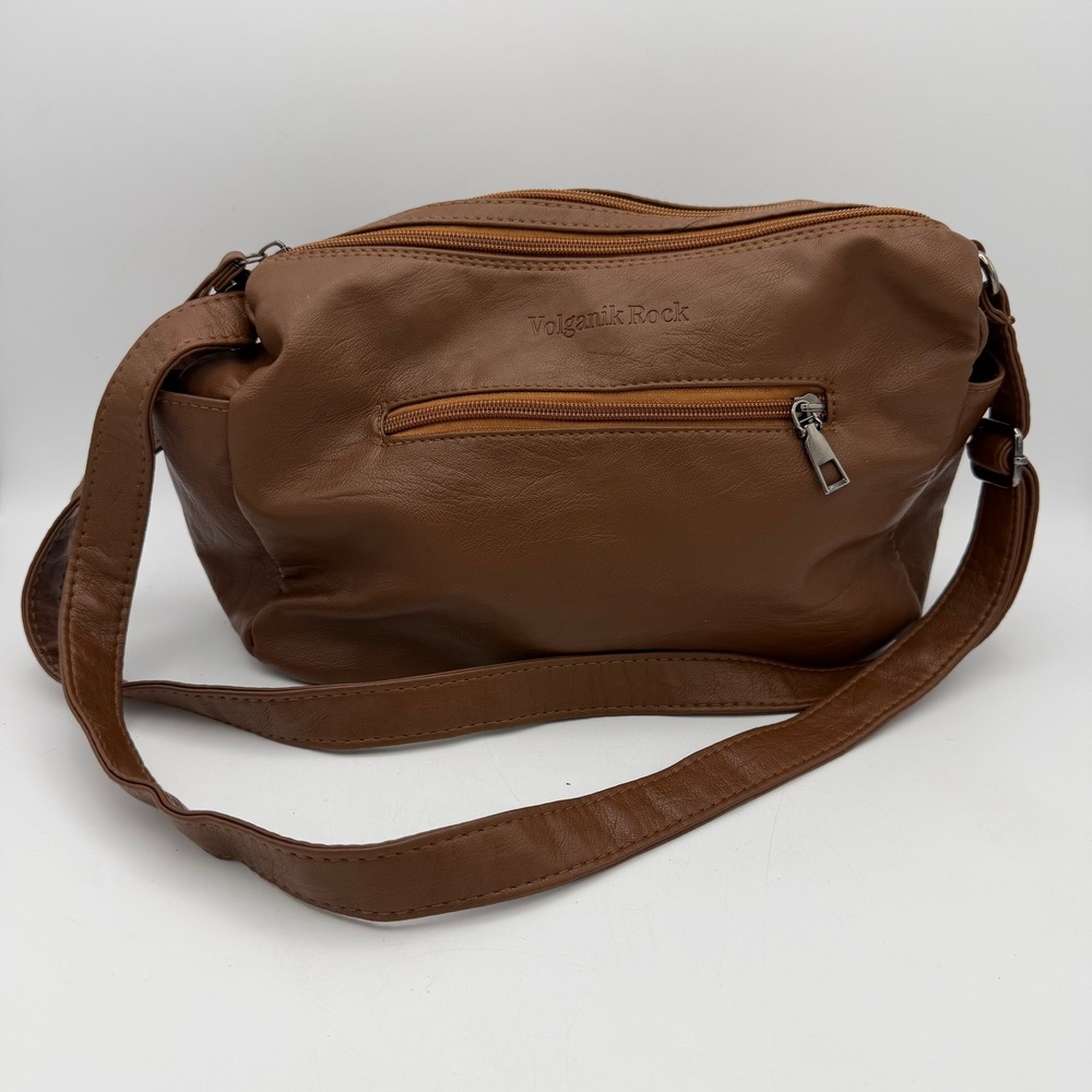 Voganik Rock Brown PU Leather Crossbody Shoulder Bag Multiple Zippers